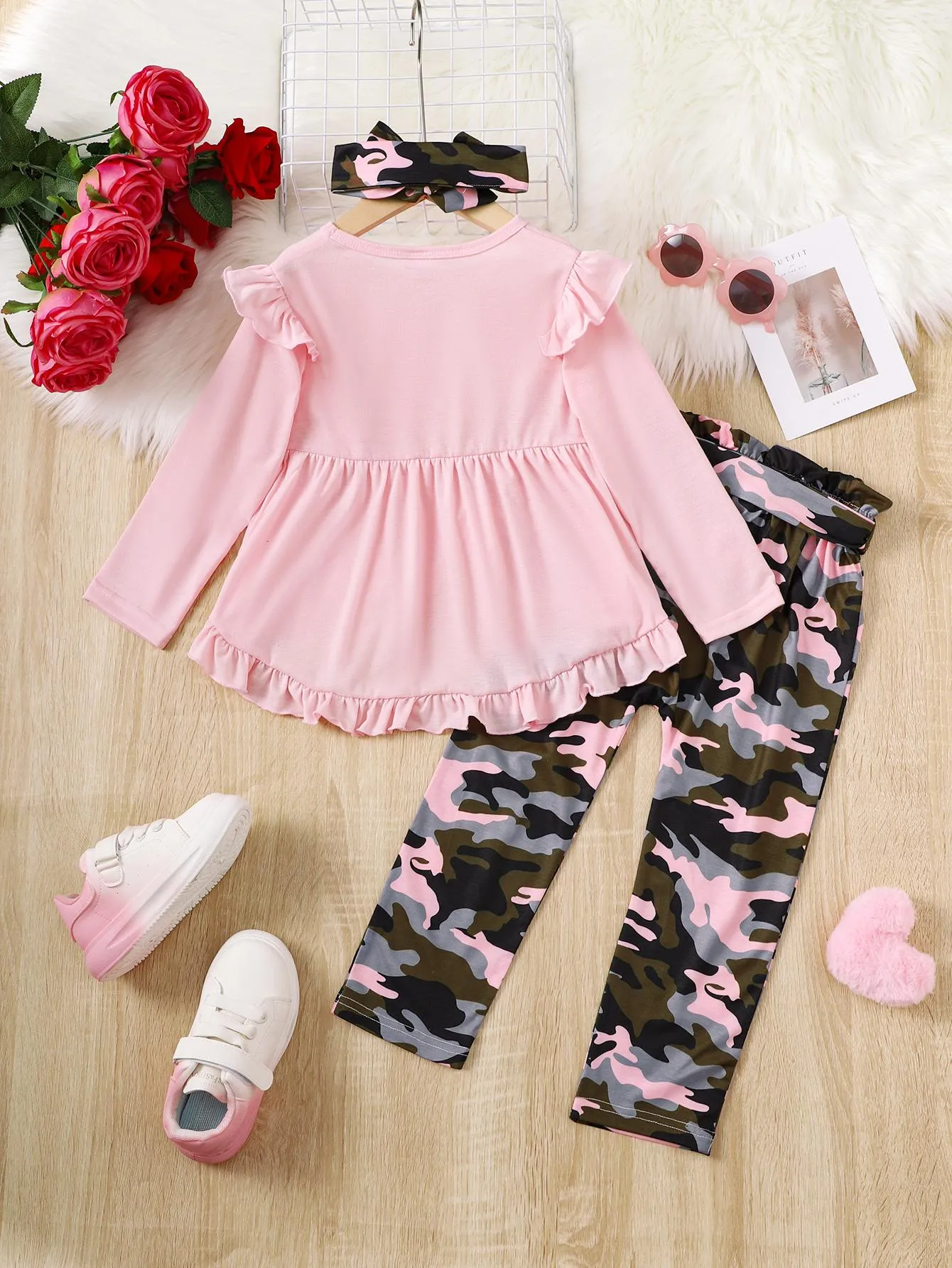 4-6Y Kid clothes Girls Clothes Solid Color Ruffle Long Sleeve Dress Camouflage Pants Headband 3Pcs Casual Outfit Sets Pink Catpapa 462311008