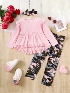 4-6Y Kid clothes Girls Clothes Solid Color Ruffle Long Sleeve Dress Camouflage Pants Headband 3Pcs Casual Outfit Sets Pink Catpapa 462311008