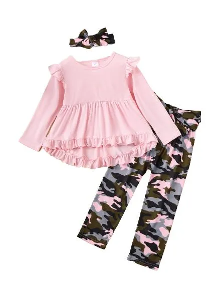 4-6Y Kid clothes Girls Clothes Solid Color Ruffle Long Sleeve Dress Camouflage Pants Headband 3Pcs Casual Outfit Sets Pink Catpapa 462311008
