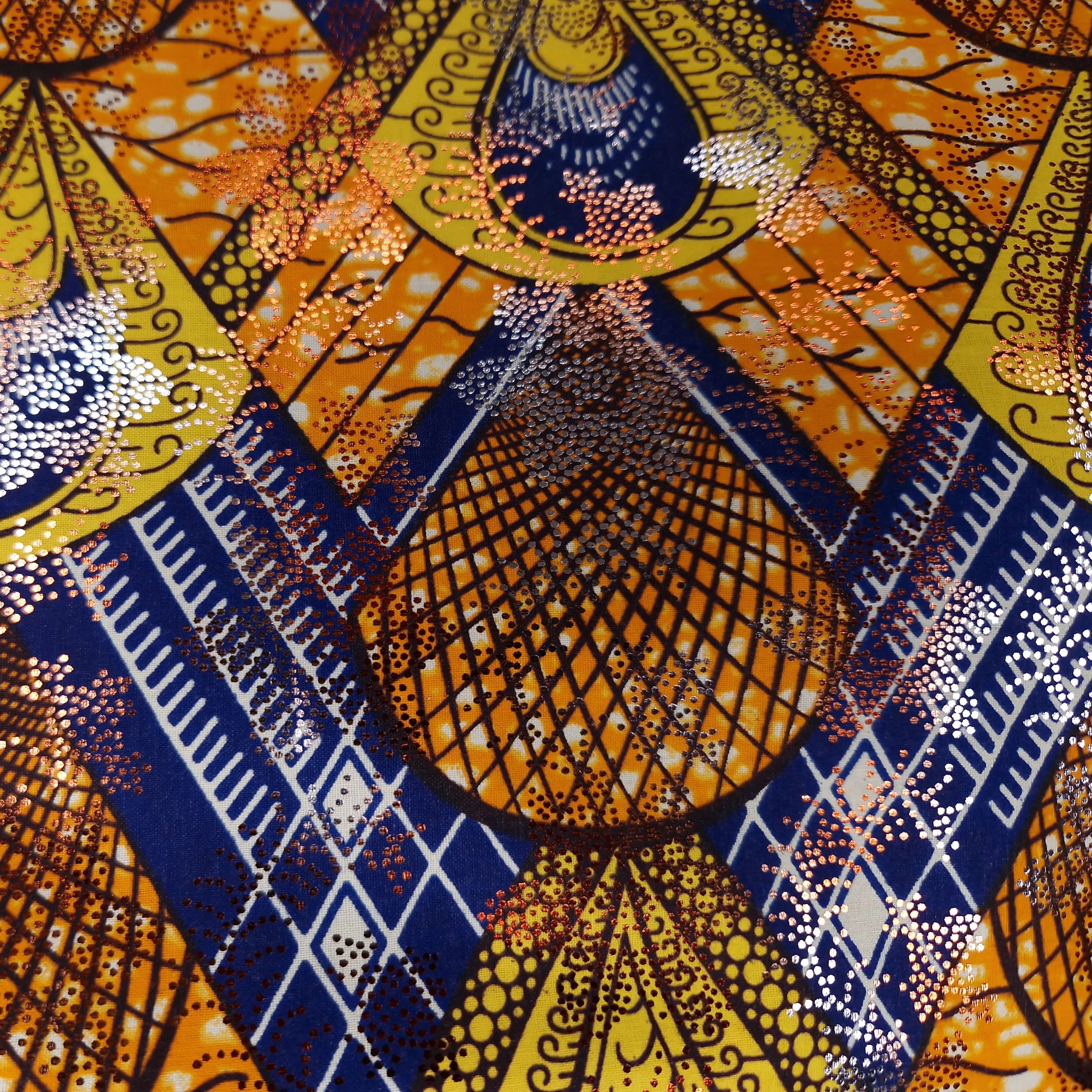 African Wax print fabric Osikani - Yellow Orange Peacock with gold