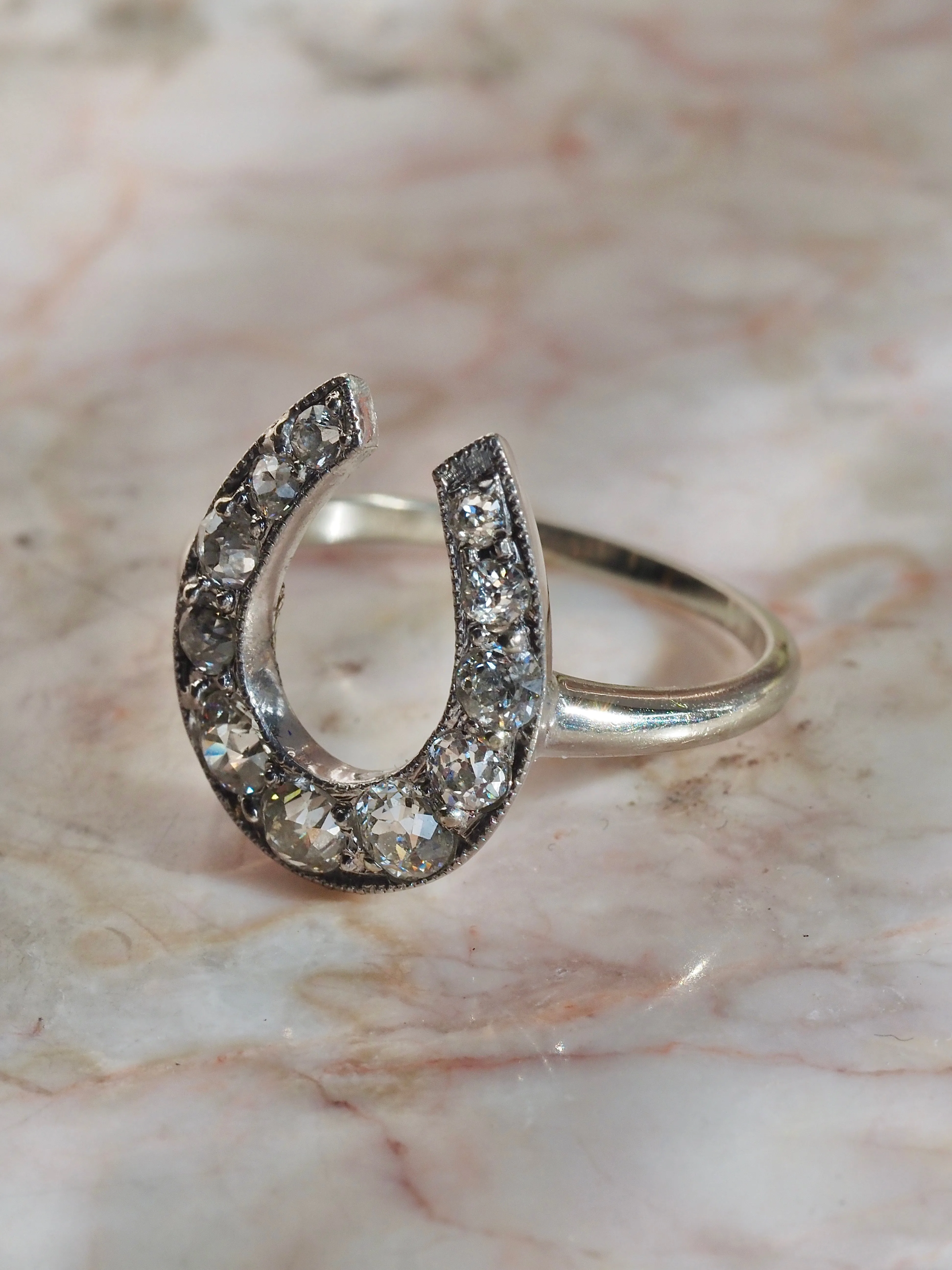 Antique Old Mine Cut Diamond Horseshoe & 14k White Gold Ring