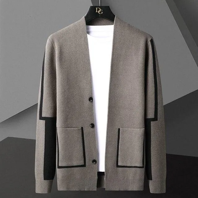 Autumn Men's Line Decor Long Sleeves Knitting Slim Fit Sweater Cardigan