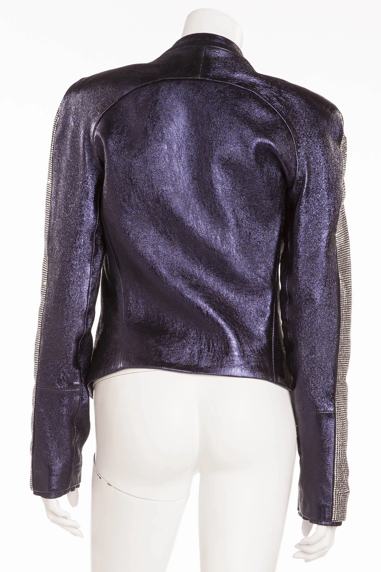 Balmain - Unique New with Tags Navy Blue Pearlescent Leather Jacket w/Rhinestone Arms - FR 40