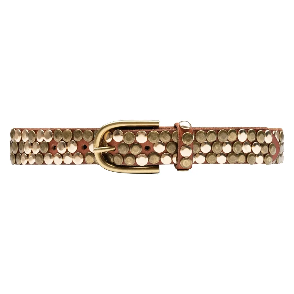 Beautiful and cool leather belt / 15148 - Cognac/Brass