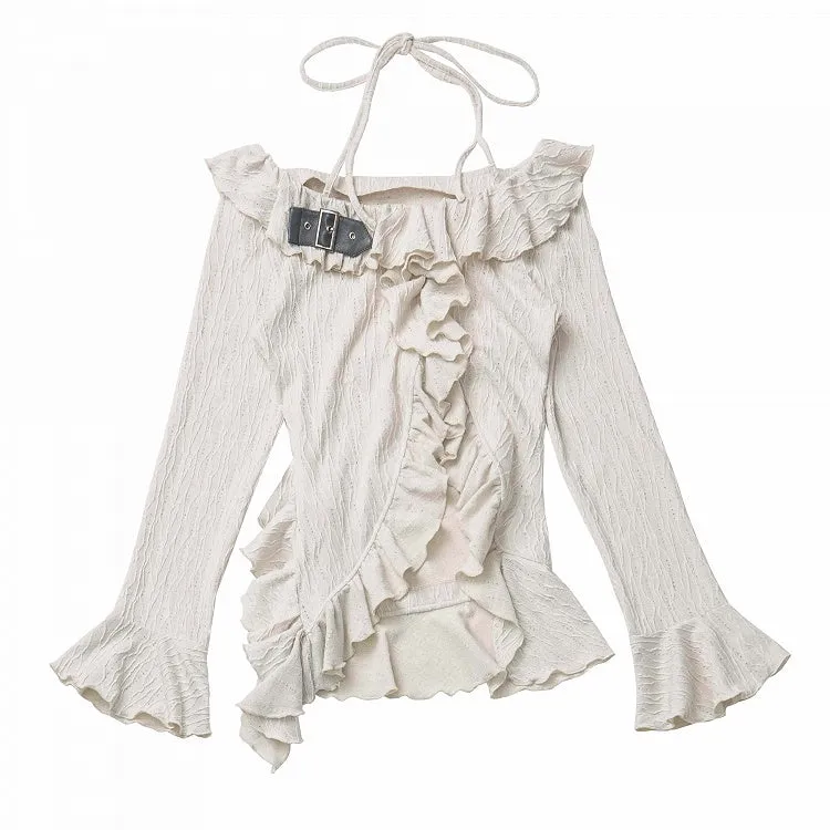 Beige/Dark Gray Halter Neck Bell Sleeves Asymmetrical Ruffled Hem Knitted Top