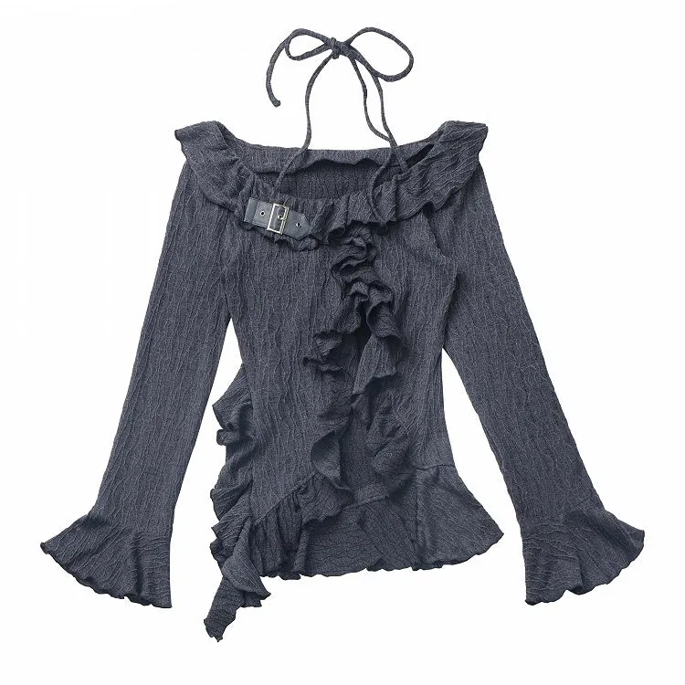 Beige/Dark Gray Halter Neck Bell Sleeves Asymmetrical Ruffled Hem Knitted Top