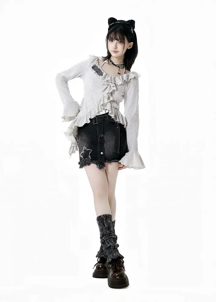Beige/Dark Gray Halter Neck Bell Sleeves Asymmetrical Ruffled Hem Knitted Top