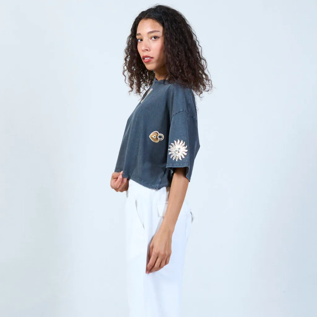 Black casual t-shirt with eclectic patchwork wholesale