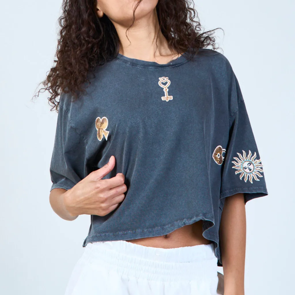 Black casual t-shirt with eclectic patchwork wholesale
