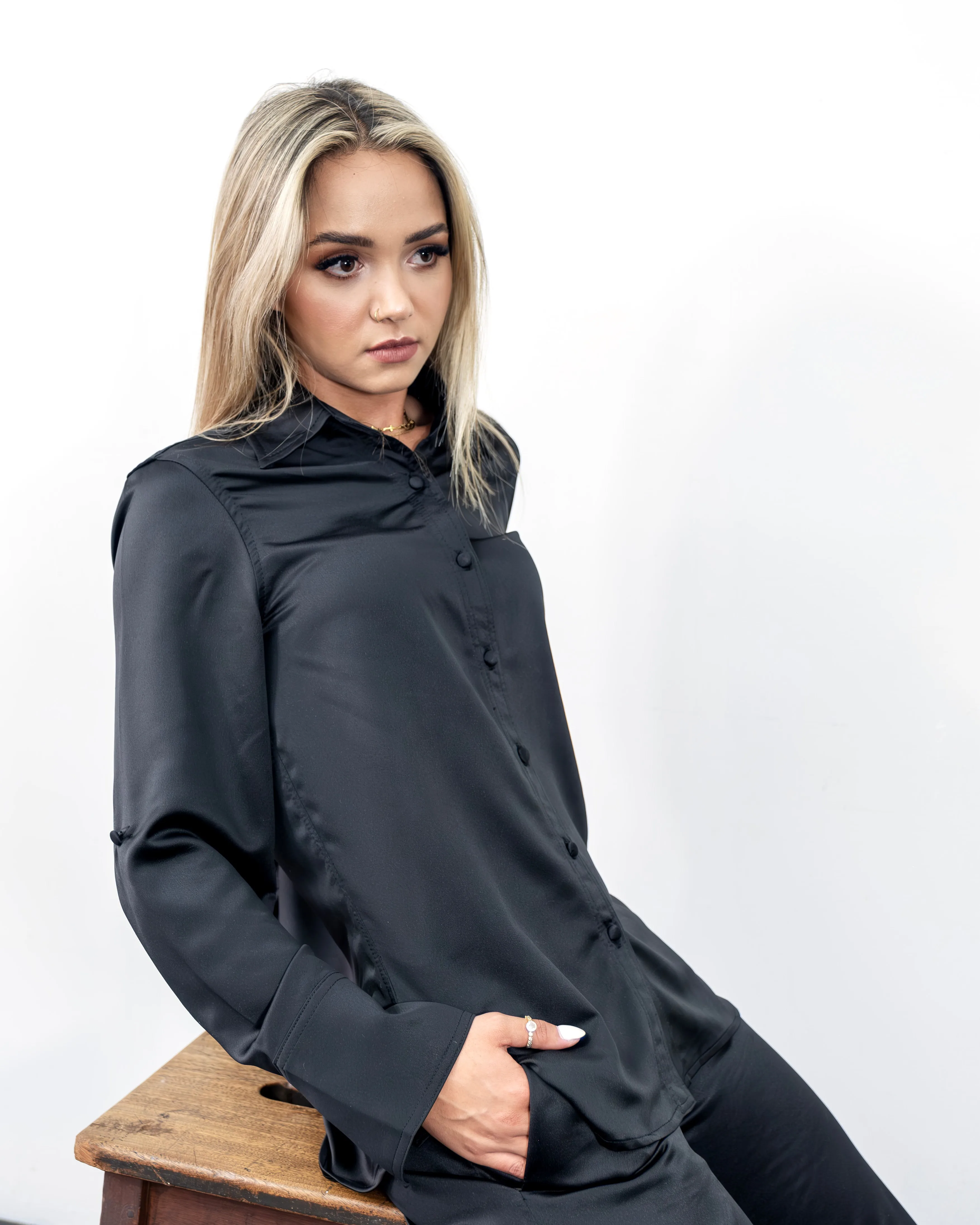 Black Satin Button Down Blouse