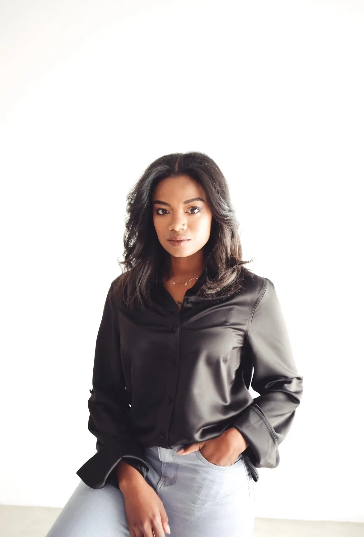 Black Satin Button Down Blouse