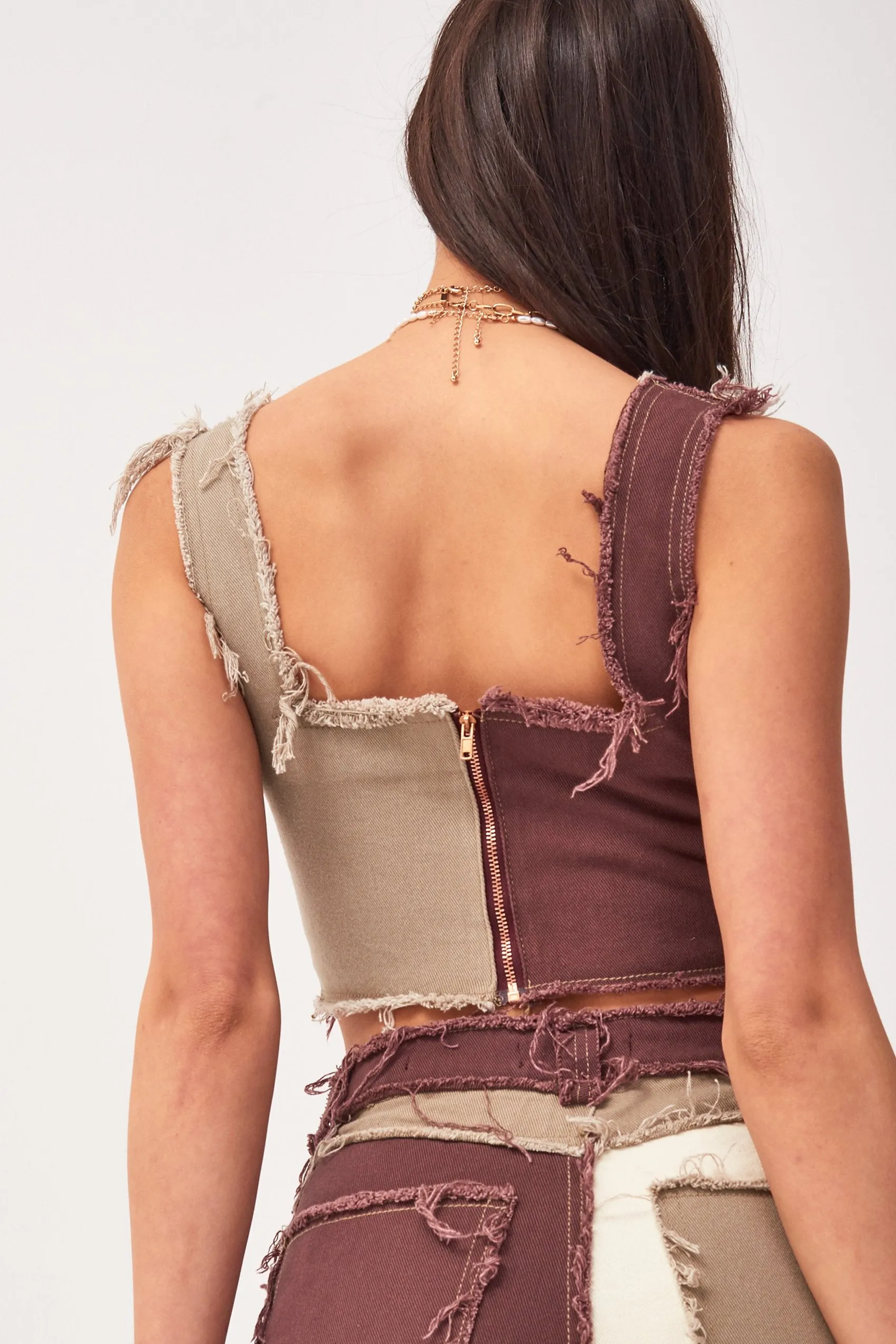 Brown Patchwork Denim Corset Top