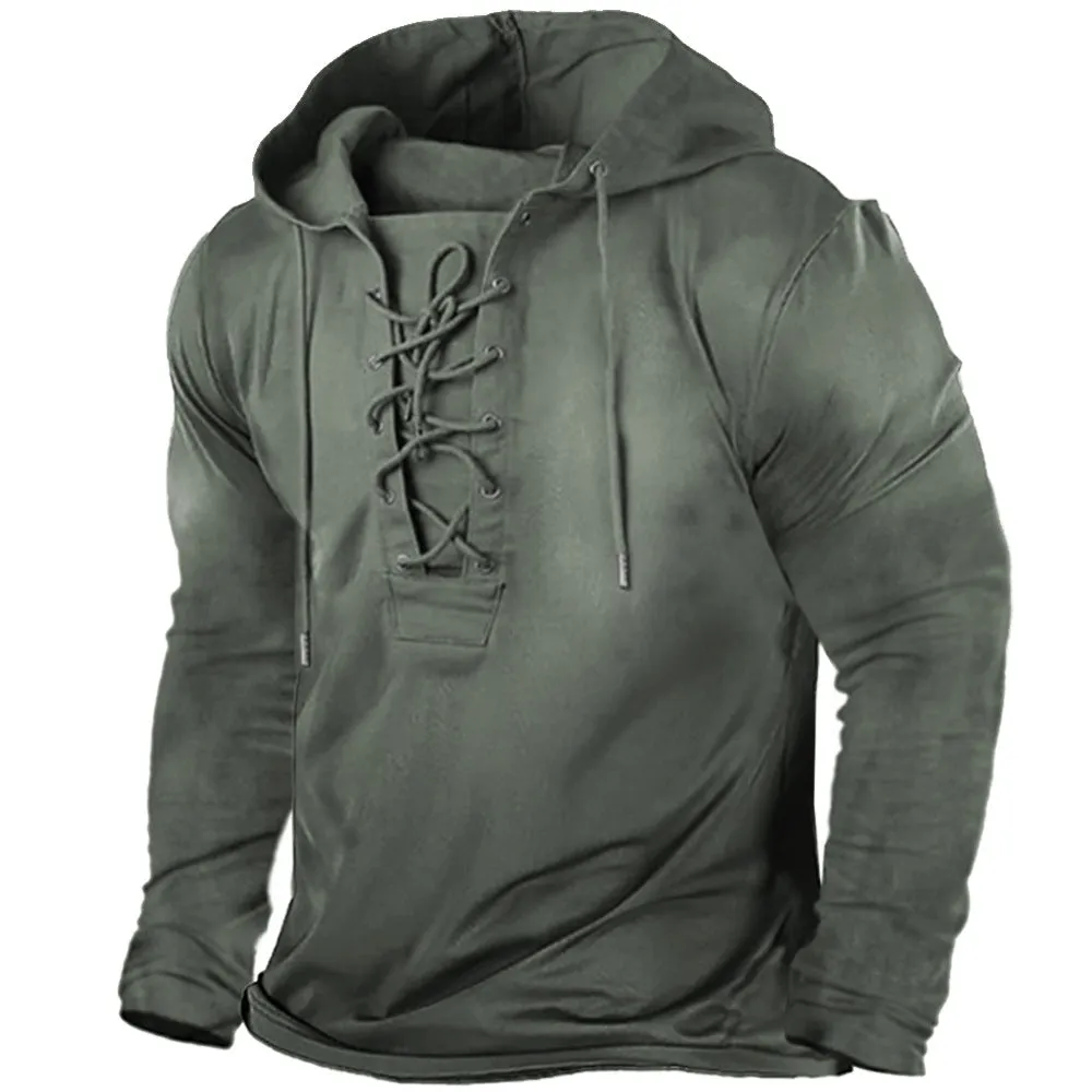 Casual Hooded Vintage Lace-Up Men's T-Shirt