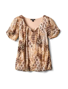 Chain Animal Patchwork Bubble Hem Blouse