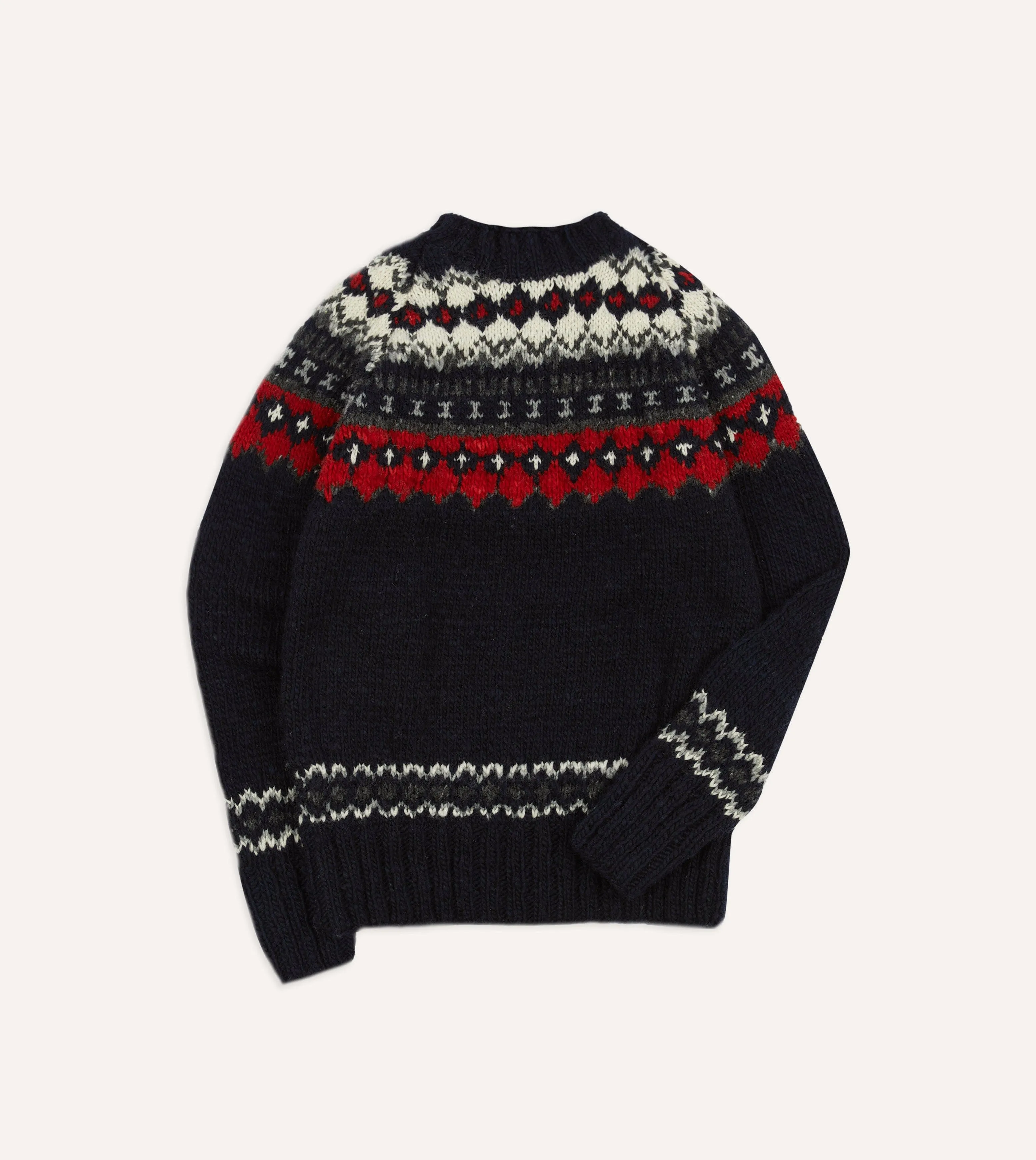 Drakes Premium Navy Blue and Red Fairisle Merino Wool Jumper by Chamula