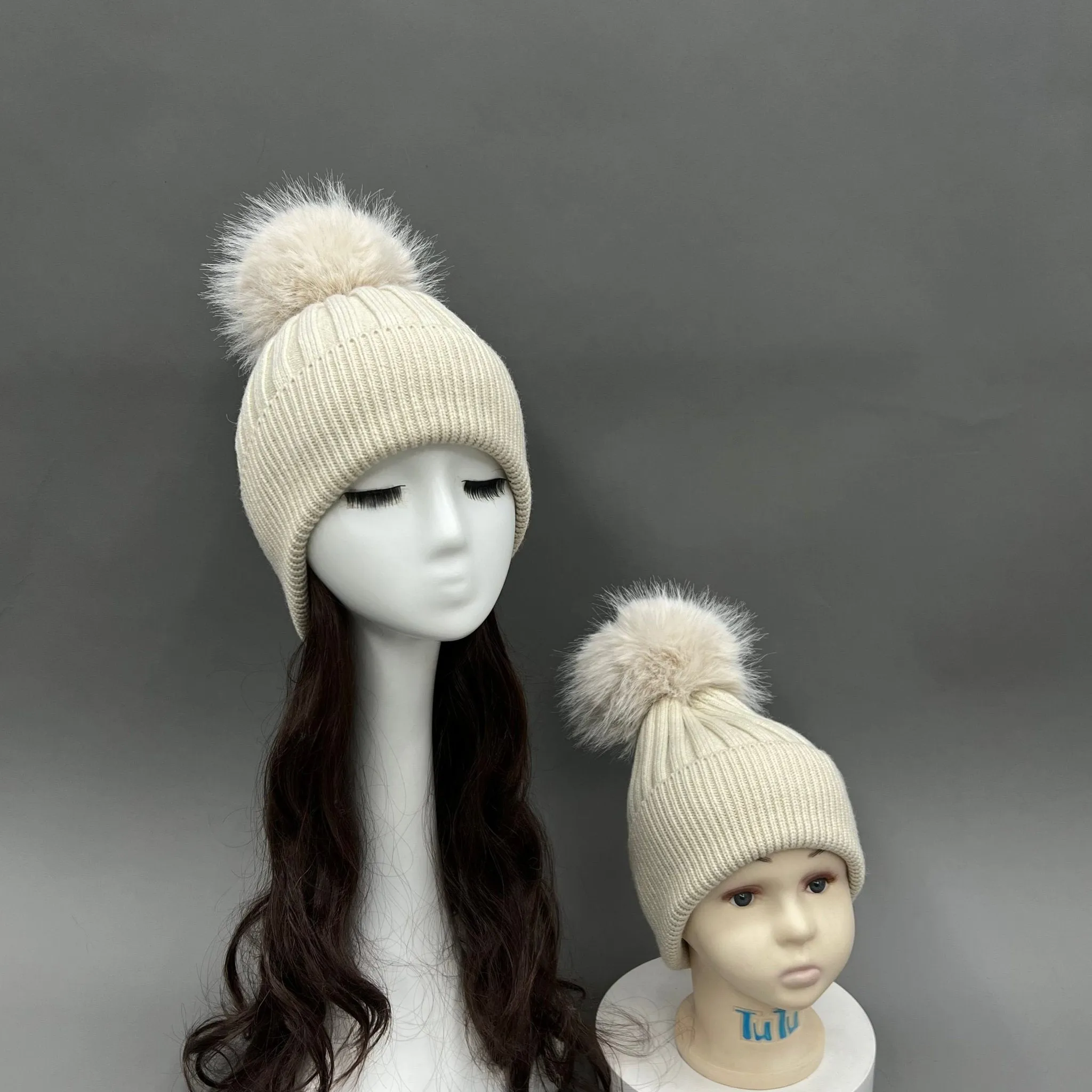 Childrens Light Beige Faux Fur Bobble Hat