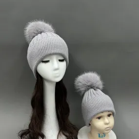 Childrens Light Grey Faux Fur Bobble Hat