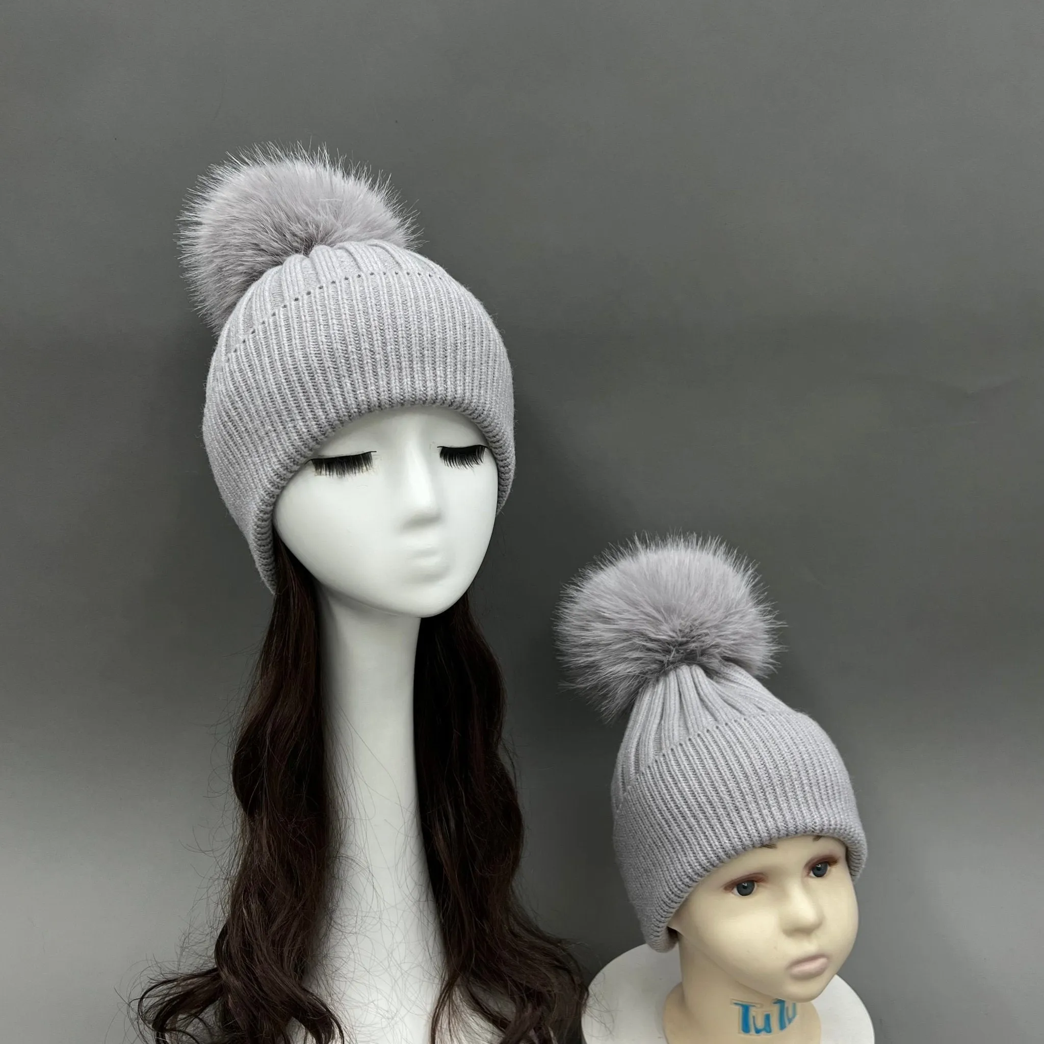 Childrens Light Grey Faux Fur Bobble Hat