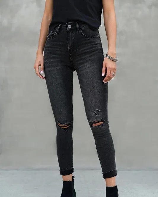 Clara Faded Dark Grey High Rise Distressed Skinny Jeans
