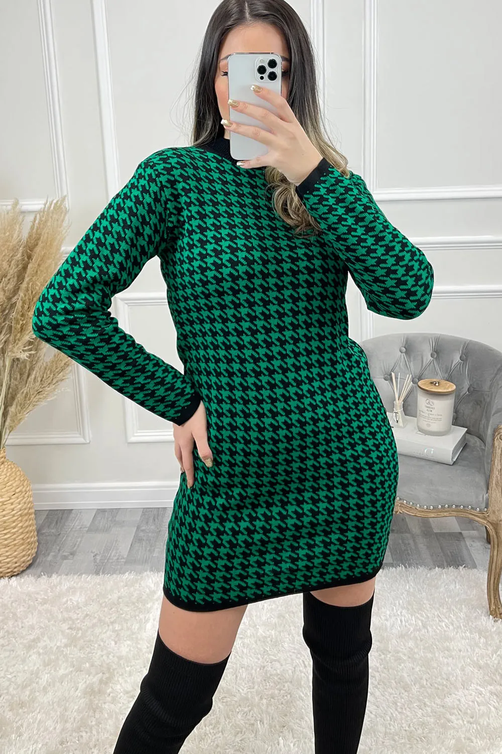 Claudie Green and Black Dogtooth Knitted Bodycon Dress
