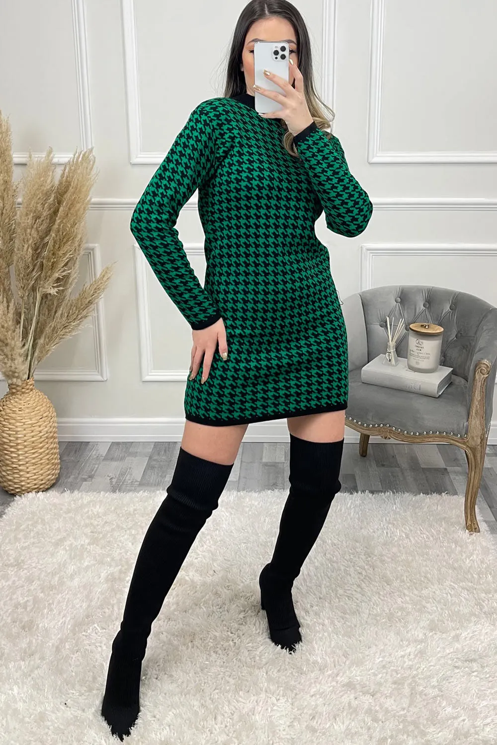 Claudie Green and Black Dogtooth Knitted Bodycon Dress