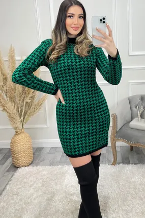 Claudie Green and Black Dogtooth Knitted Bodycon Dress