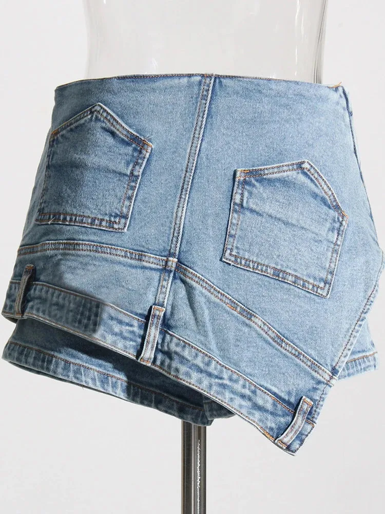 Denim Solid Shorts Skirts For Women High Waist Patchwork Irregular Hem Streetwear Short Pants Female Clothing
