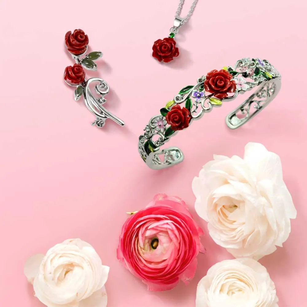 Elegant Floral Bouquet Flower Red Roses CZ Flower Brooch Lapel Pin