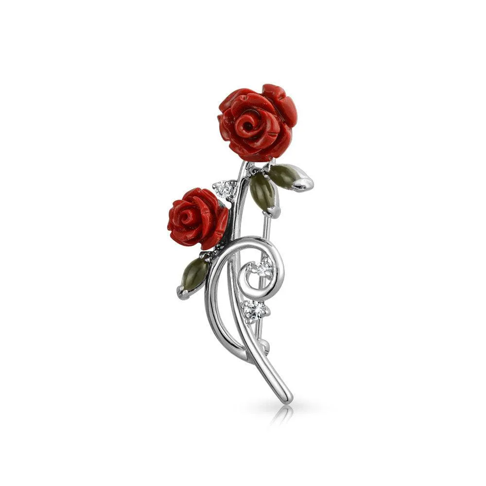 Elegant Floral Bouquet Flower Red Roses CZ Flower Brooch Lapel Pin