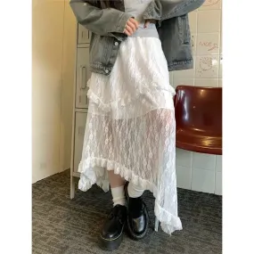 Fairycore Lace Tulle Ruffle Vintage Irregular Skirt