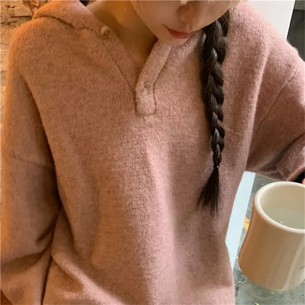 Girlary All Match Hooded Sweaters Women Pink Spring 2023 Chic Loose New OL Sweet Solid Casual Knitted Mujer Pullovers Gentle