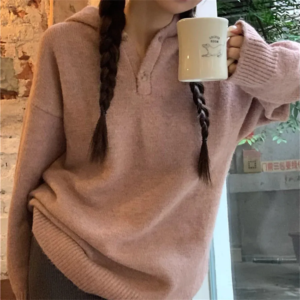 Girlary All Match Hooded Sweaters Women Pink Spring 2023 Chic Loose New OL Sweet Solid Casual Knitted Mujer Pullovers Gentle