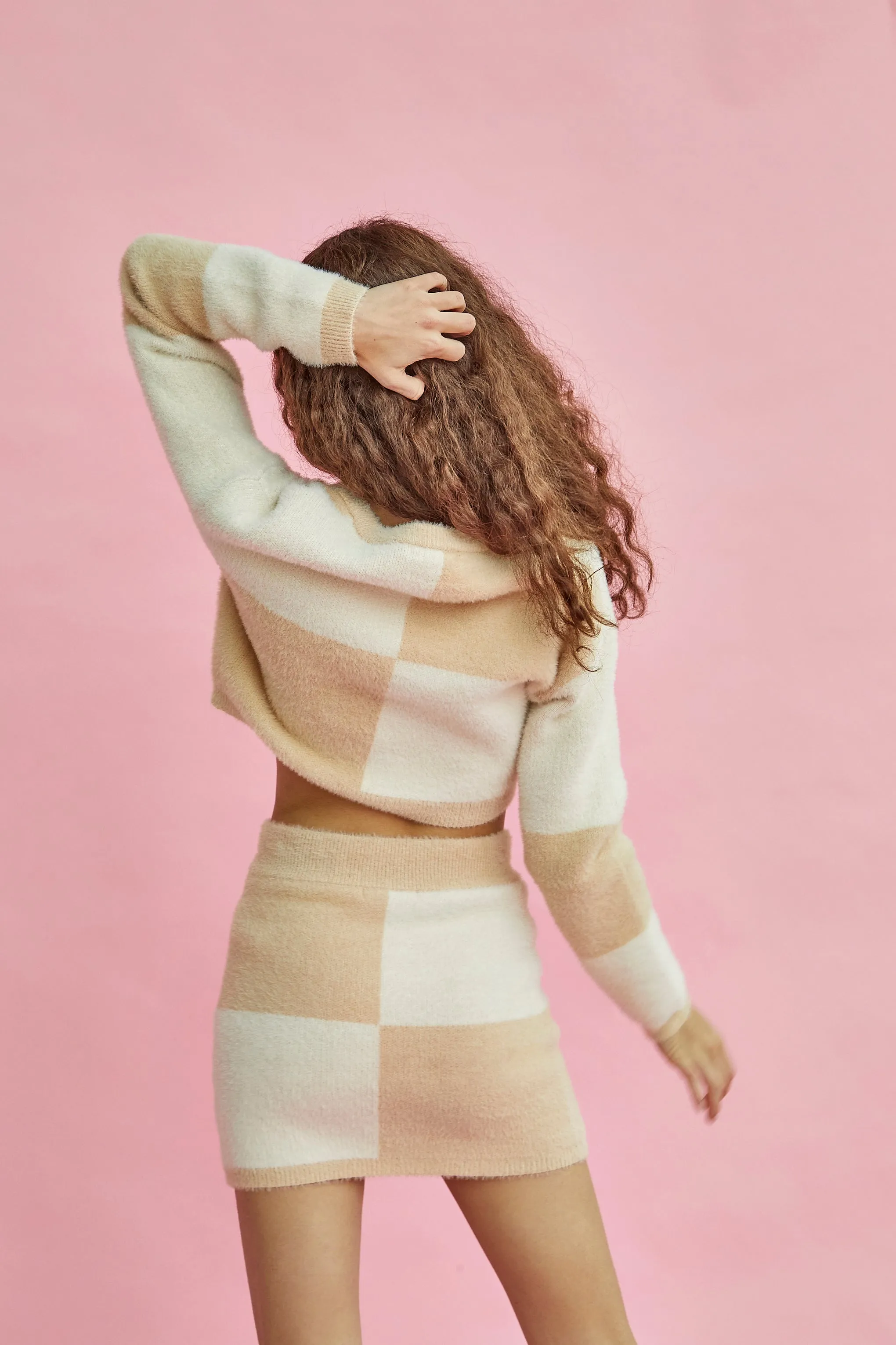 Glamorous Cream Beige Intarsia Knitted Mini Skirt