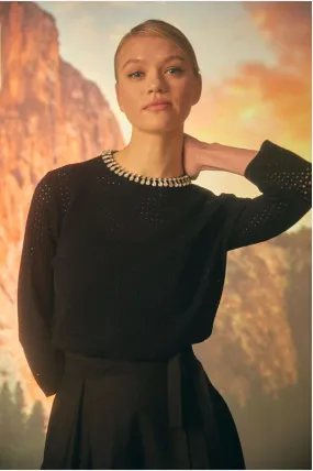 Holey Knit Top with Neckline Stone Embellishment