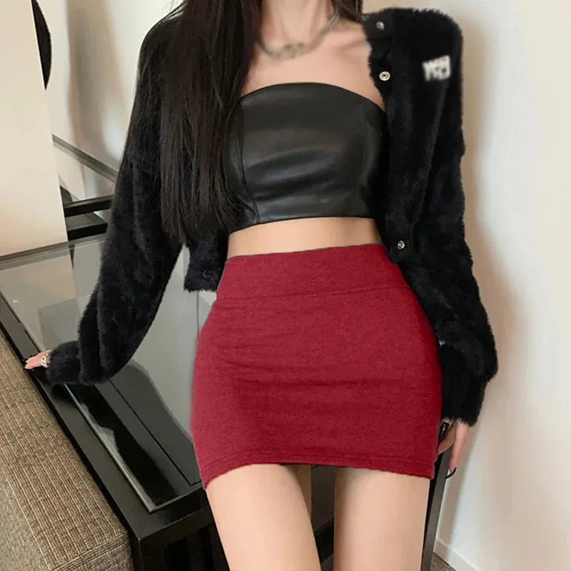 LVSANW Women Solid High Waist Skirt Versatile Elastic Hip Wrap Skirt  A-line Elegant Mini Skirt Slim All-match Chic Simple Short Skirt