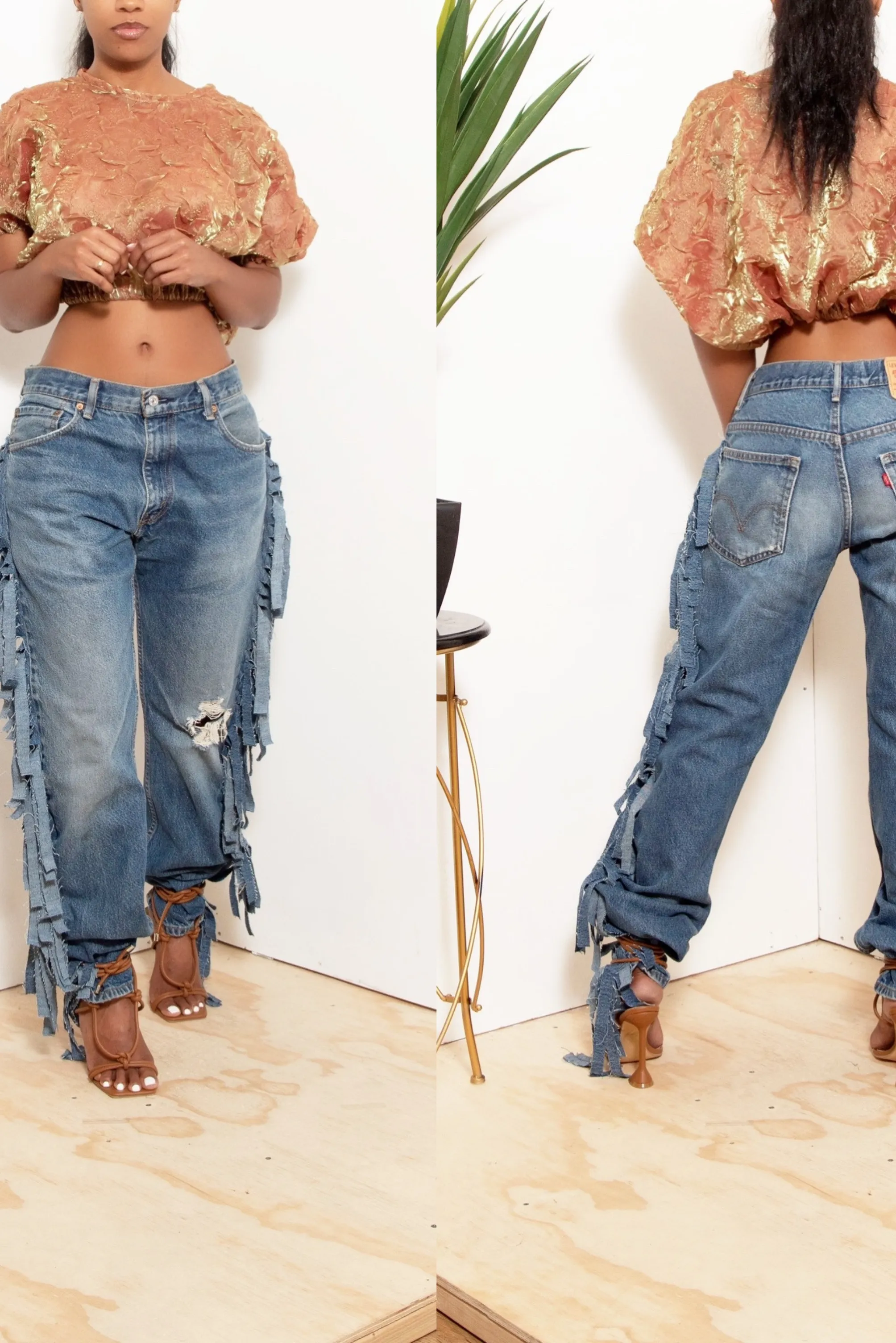 Medium Dark Levi Denim fringe Pants- MTO