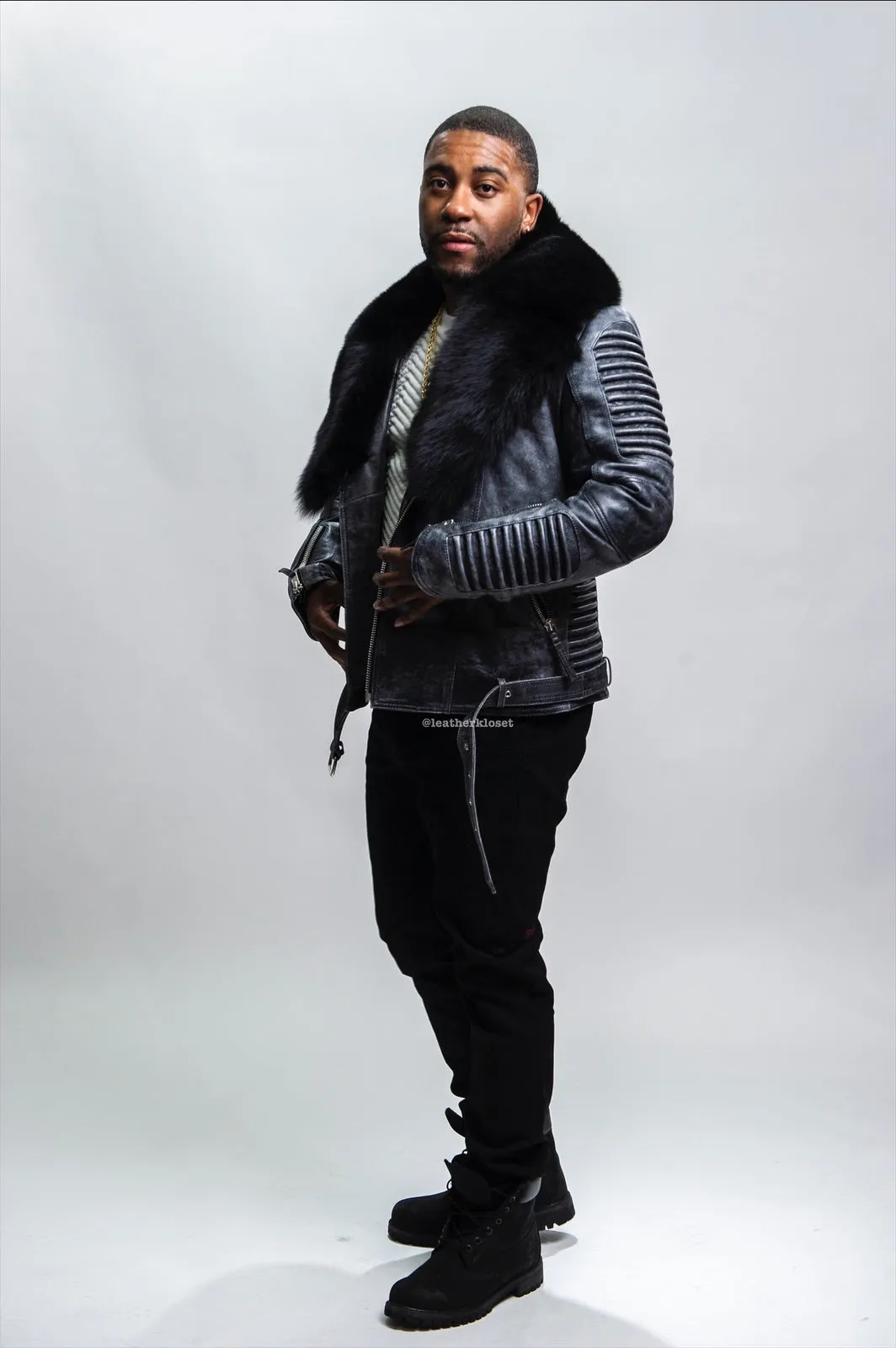 Men's Trey Biker Leather Full Fox Fur Collar [Space Gray]