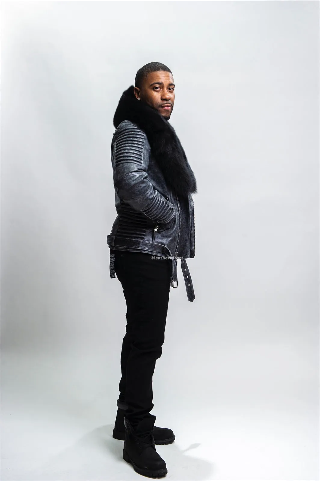 Men's Trey Biker Leather Full Fox Fur Collar [Space Gray]