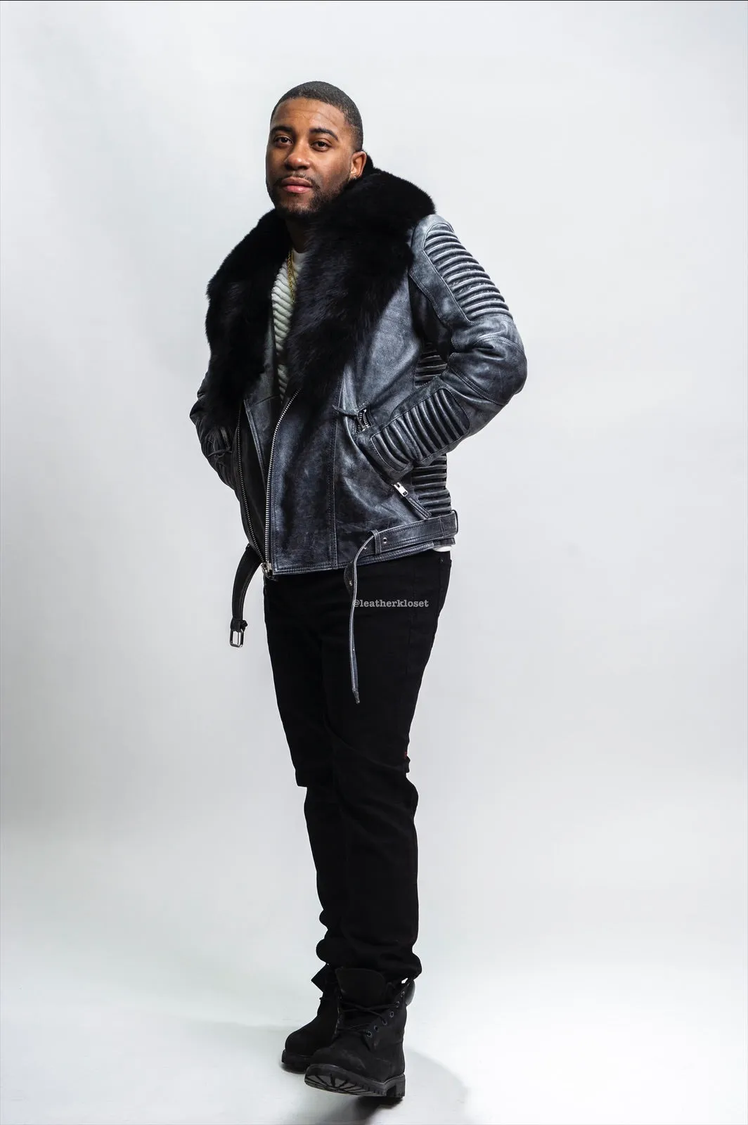 Men's Trey Biker Leather Full Fox Fur Collar [Space Gray]