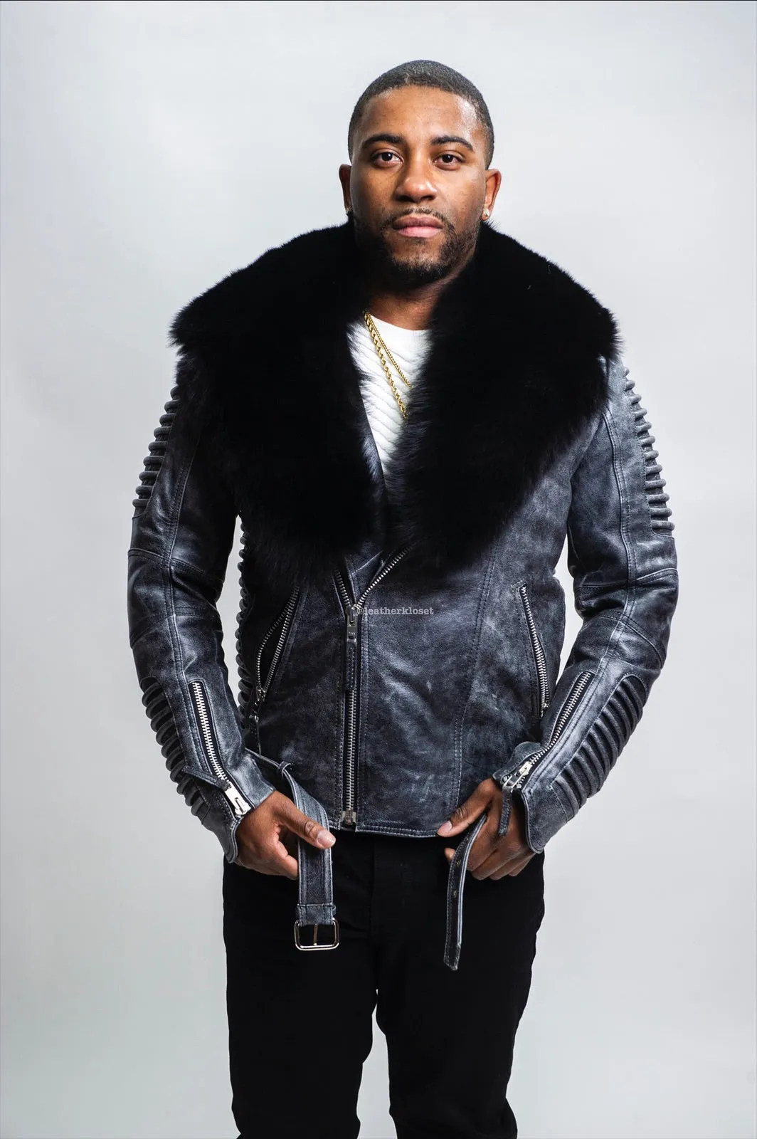 Men's Trey Biker Leather Full Fox Fur Collar [Space Gray]