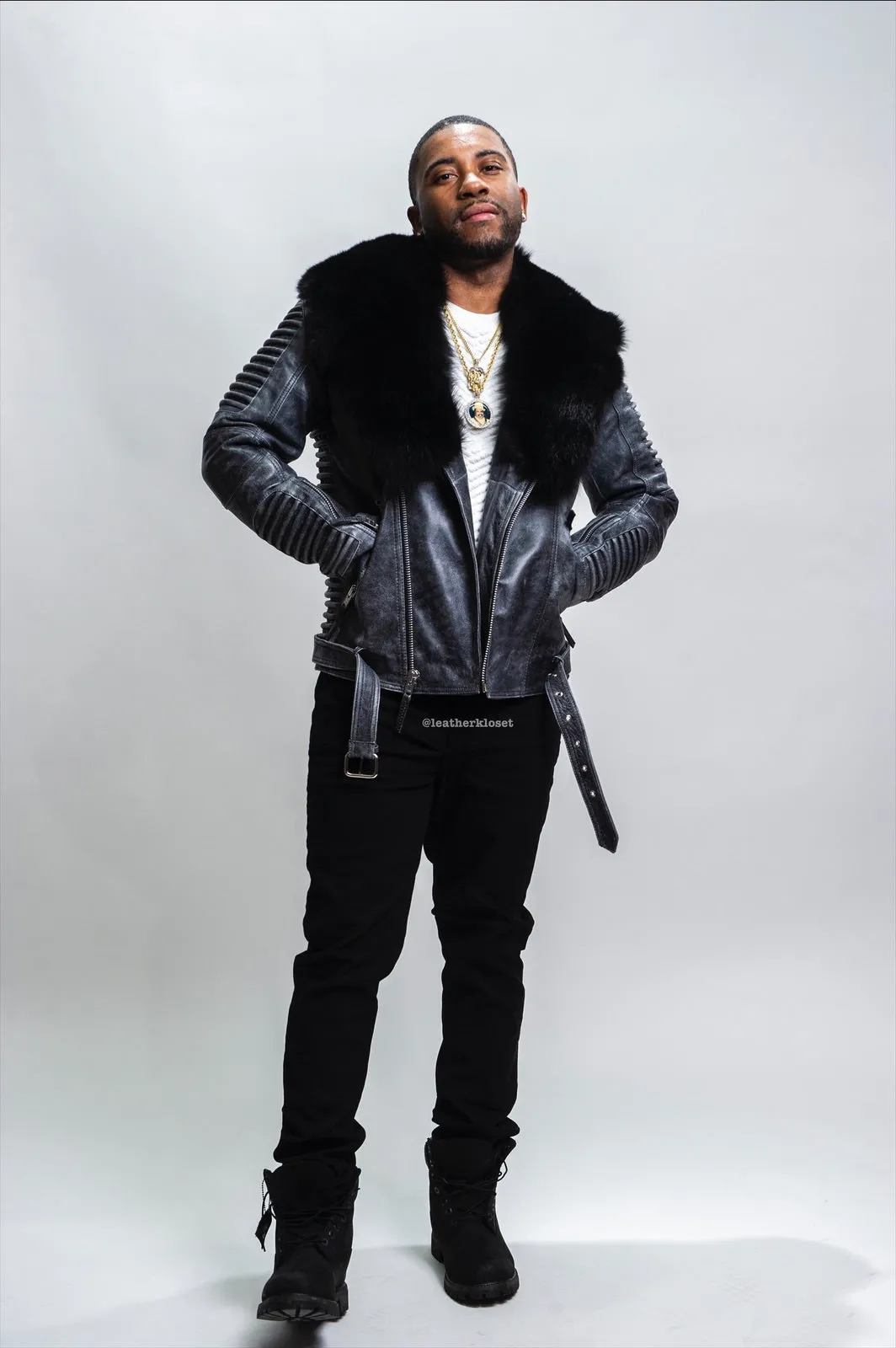 Men's Trey Biker Leather Full Fox Fur Collar [Space Gray]
