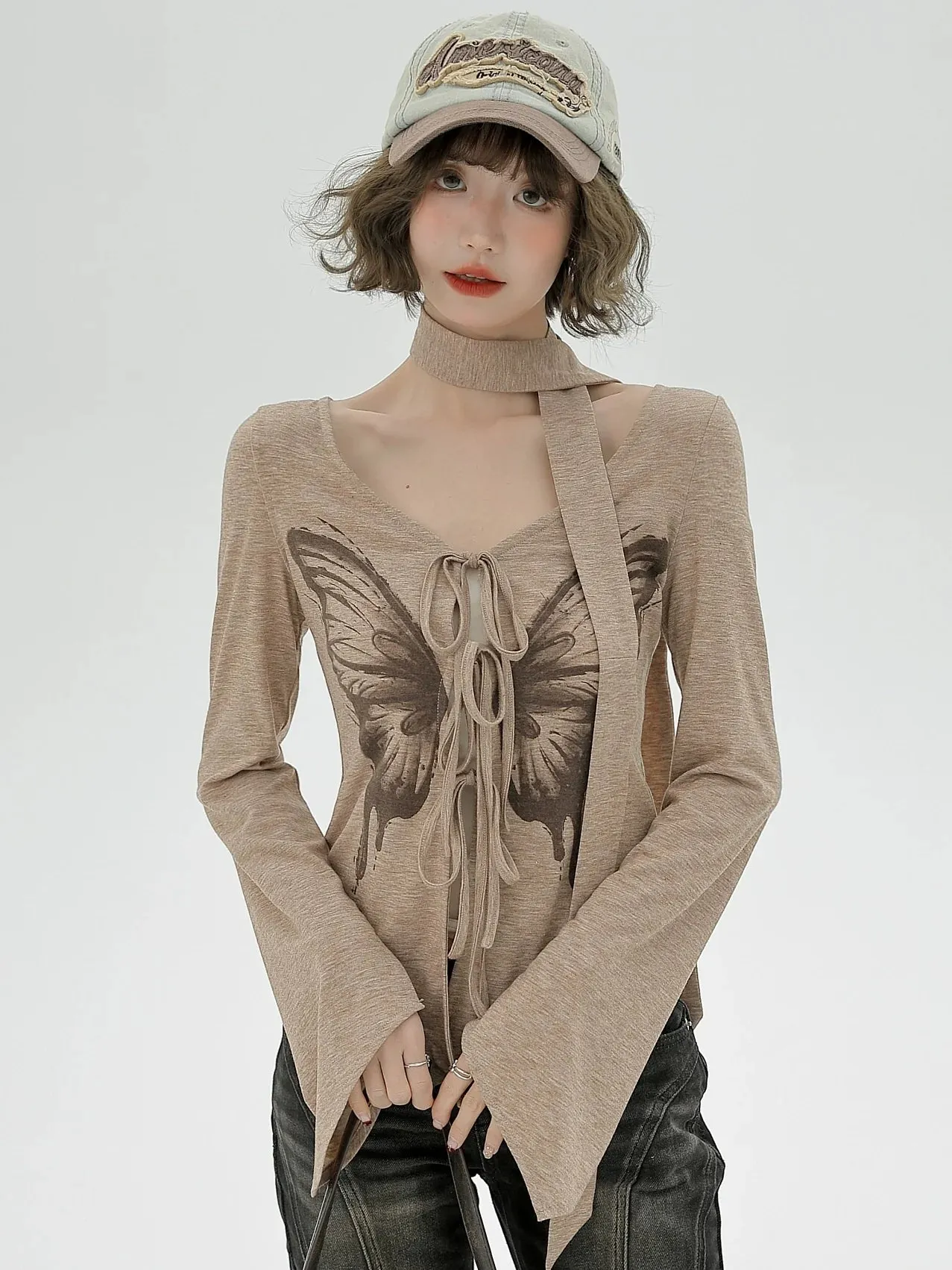 Print Top Butterfly American Slim Retro Irregular