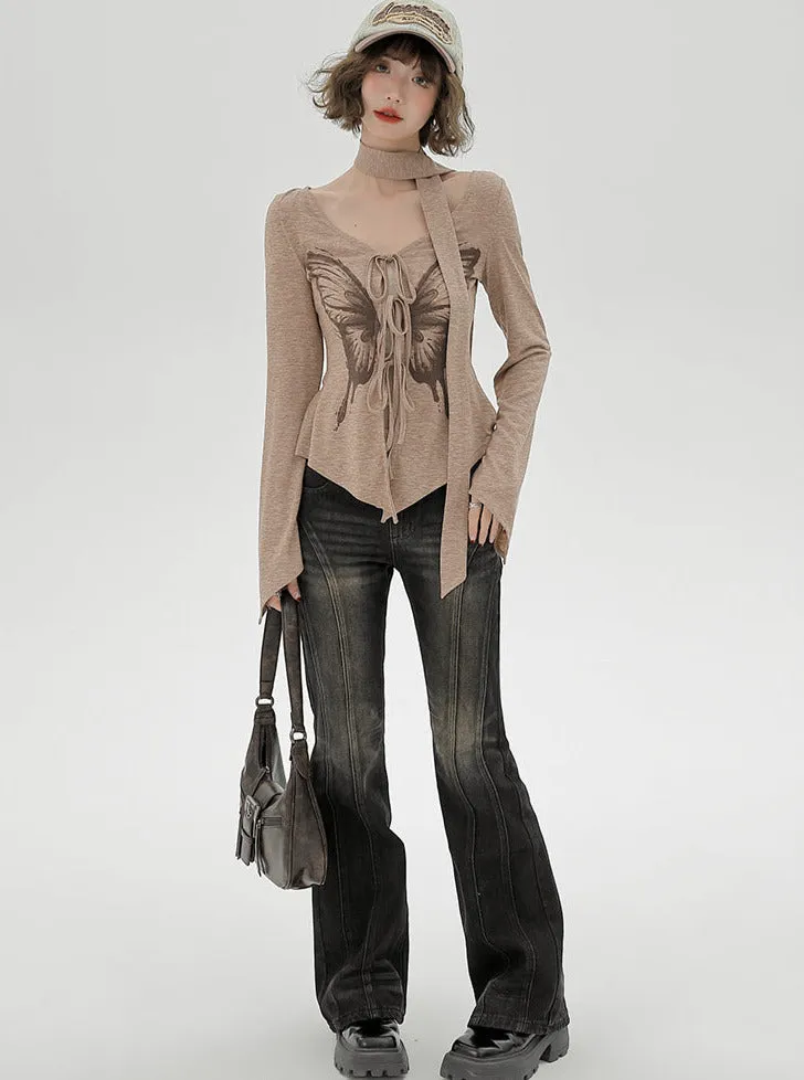 Print Top Butterfly American Slim Retro Irregular