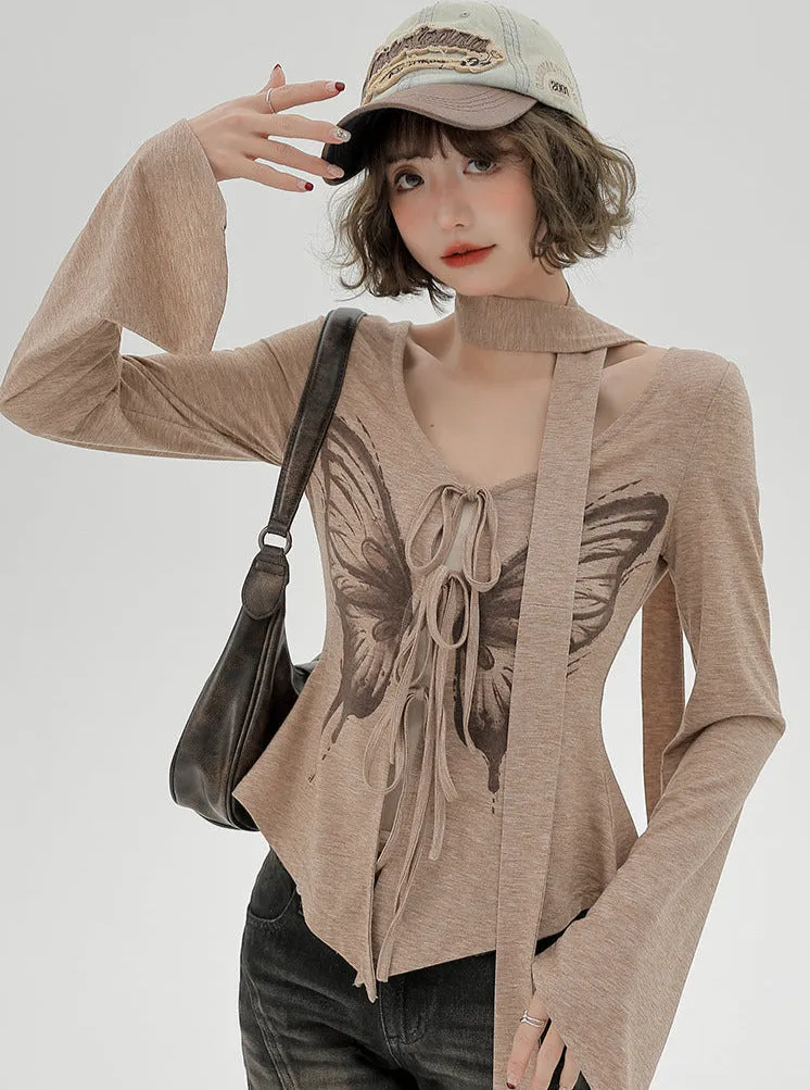 Print Top Butterfly American Slim Retro Irregular