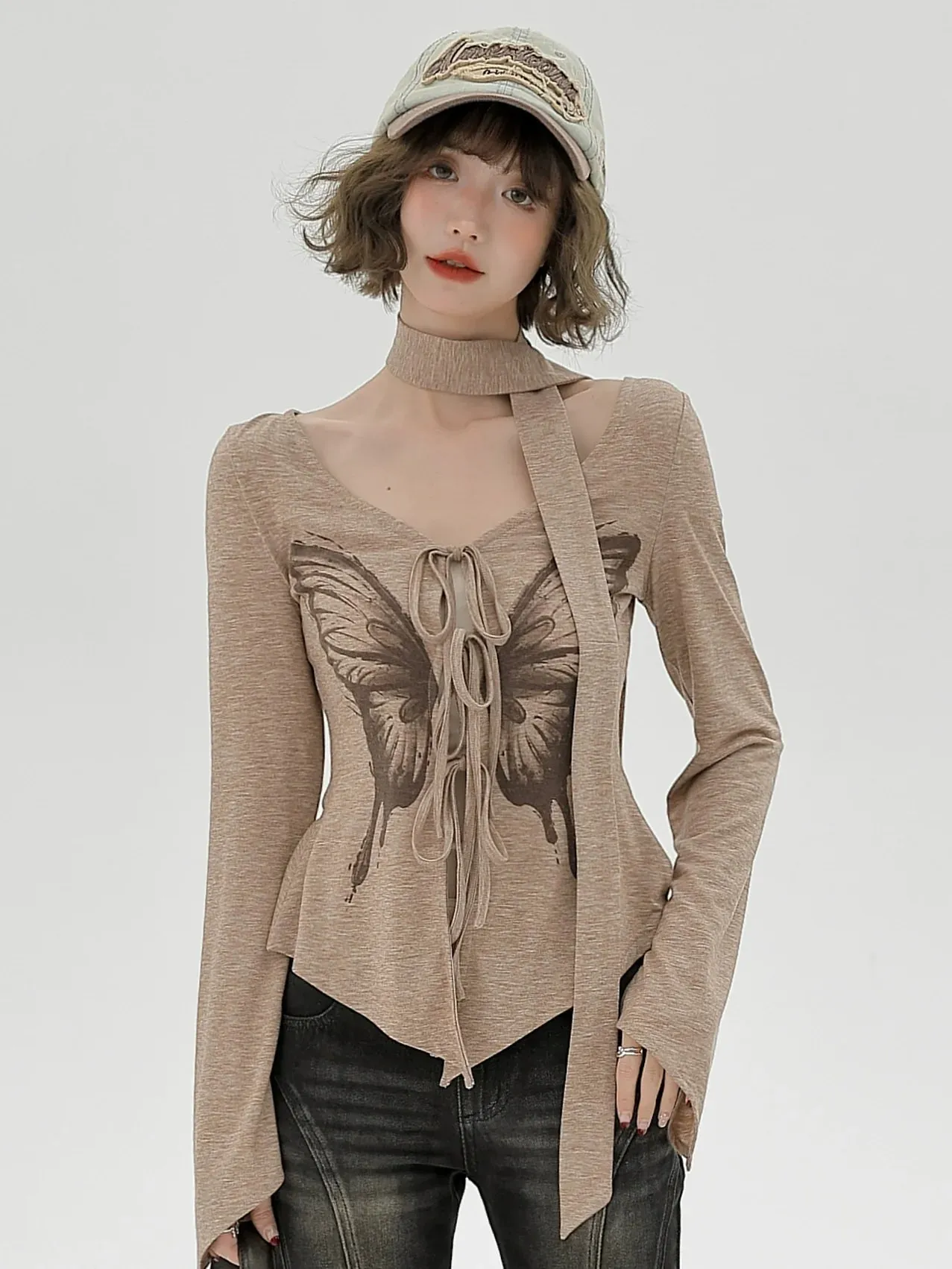 Print Top Butterfly American Slim Retro Irregular