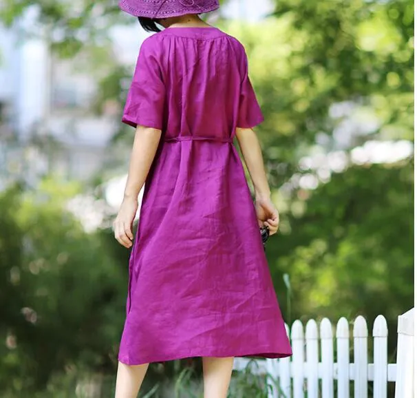 Purple O Neck Linen Women Dresses Short  Sleeves Midi Shirts Dresses CH9515
