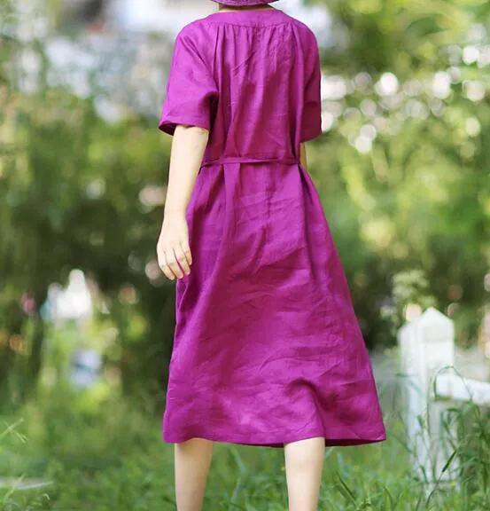 Purple O Neck Linen Women Dresses Short  Sleeves Midi Shirts Dresses CH9515