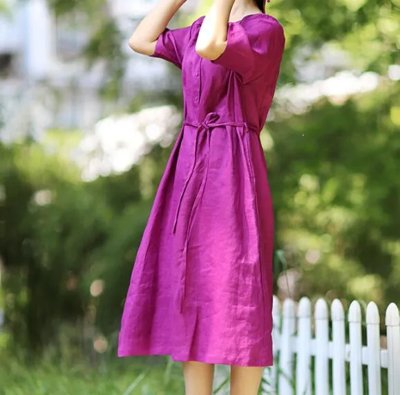 Purple O Neck Linen Women Dresses Short  Sleeves Midi Shirts Dresses CH9515