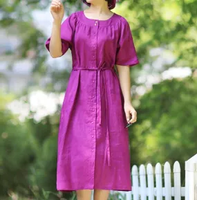 Purple O Neck Linen Women Dresses Short  Sleeves Midi Shirts Dresses CH9515