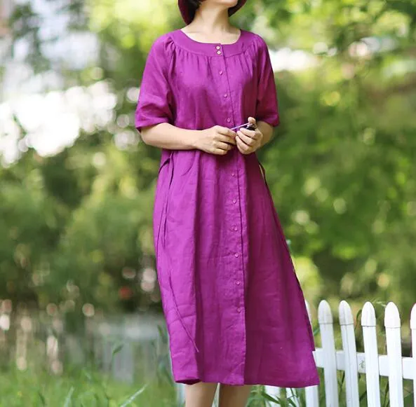 Purple O Neck Linen Women Dresses Short  Sleeves Midi Shirts Dresses CH9515